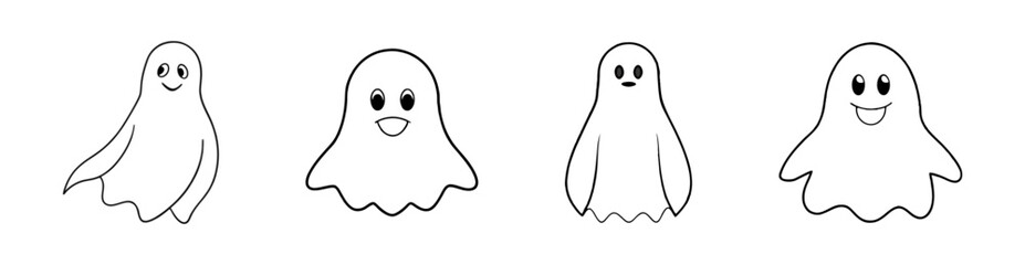 Set of Black outlines of funny smiling cute ghosts isolated on white background. Concept of spooky spirit, Halloween symbol, minimalist design, cute phantom. Print, icon, design element, coloring page