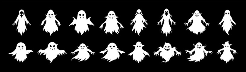 Set of White silhouettes of ghosts isolated on black background. Concept of spooky spirit, Halloween symbol, minimalist, eerie apparition, horror, sinister poltergeist. Print, icon, design elements