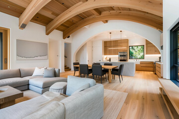Fototapeta premium modern interior with big wooden arch seperating kitchen and lioving room 