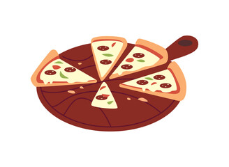 Vector illustration of pizza slices with pepperoni, cheese on a platter with a handle