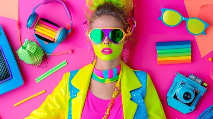 Elegant 80s Woman in Fancy Dress with Neon Accessories, Showcasing the Diversity and Luxury of 1980s Female Fashion. Perfect for Commercial Advertisements, Fashion Lifestyle Articles, Party Invitation