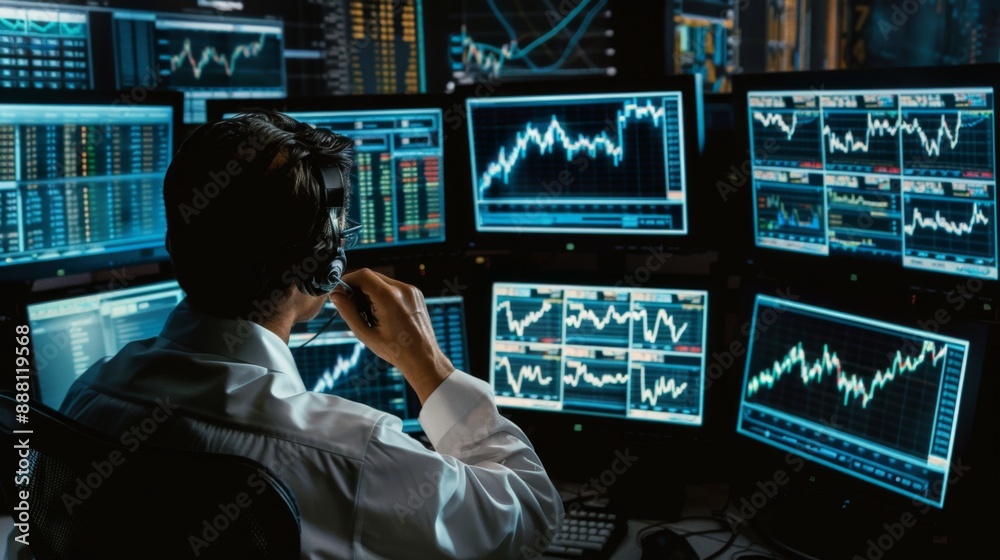 Poster a trader analyzing a stock market graph on multiple computer monitors in a dark room.