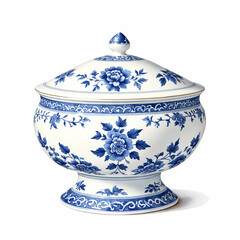 Blue and white chinoiserie. Blue and white chinese porcelain Soup Tureen on white background..