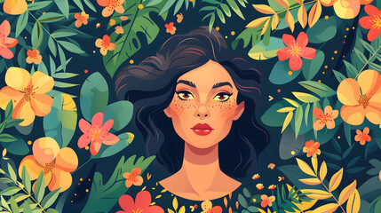Garden and gardening. Vector colorful illustration of a cute woman on a floral background of flowers, leaves and plants for spring and summer background, banner or poster. Women's Day greeting card
