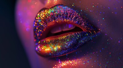Vibrant glitter lips under colorful lighting