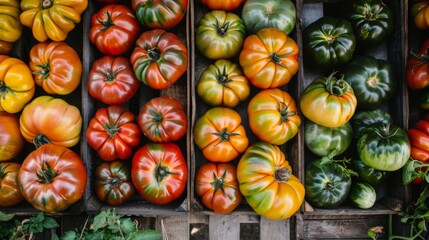 A variety of colorful heirloom tomatoes displayed on a rustic wooden table at a farmers' market.