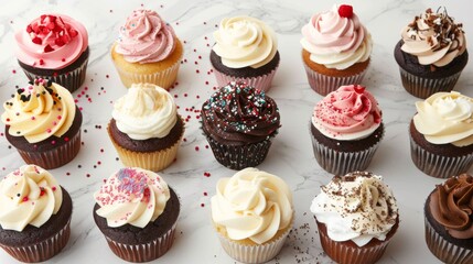 A variety of gourmet cupcakes with different frosting designs and sprinkles.