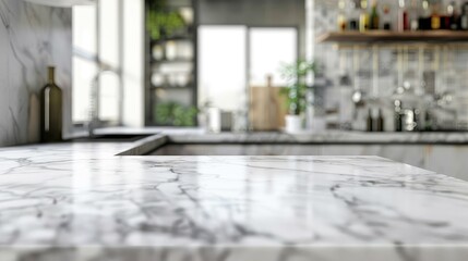 Gourmet Gathering, Marble Counter Tabletop with Copy Space, Blurred Modern Kitchen Background, Ideal for Food Styling and Product