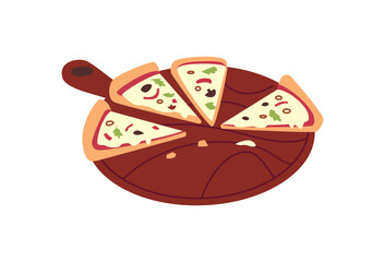 Vector icon of slices of pizza with pepperoni, cheese on a platter with a handle