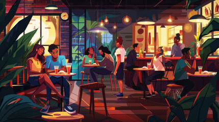 Fototapeta premium A lively evening at a cafÃ© with friends of various ethnicities bonding over slices of mouthwatering Italian pizza.