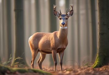 A Buck Roe Deer stood in a forest looking at the camera, shallow depth of field