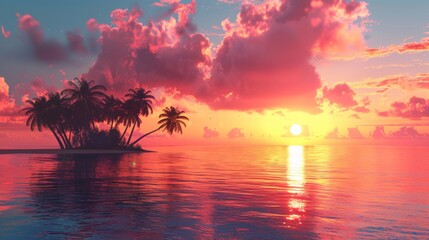 Palm Trees Silhouette at Sunset on a Tropical Island