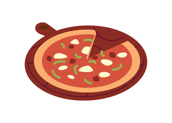 Pizza on the chalkboard with sausage, cheese and vegetables, delicious pizza with cut piece fast food menu vector icon