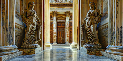 The Unwavering Pillars of Justice: Two marble statues of lady justice stand tall, flanking a set of courtroom doors, symbolizing the enduring strength of the American judicial system.
