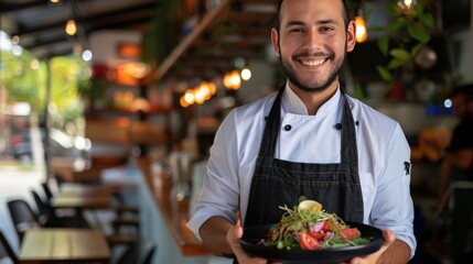 Smiling chef holding a beautifully plated gourmet dish, showcasing vibrant colors and intricate presentation, perfect for highlighting culinary expertise and passion
