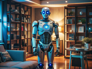 Friendly futuristic humanoid robot companion stands alone in a modern living room, glowing blue eyes and sleek metal body, surrounded by books and tech devices.