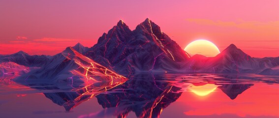 Digital illustration of a futuristic mountain landscape with glowing lights reflecting in still water, under a dramatic twilight sky.