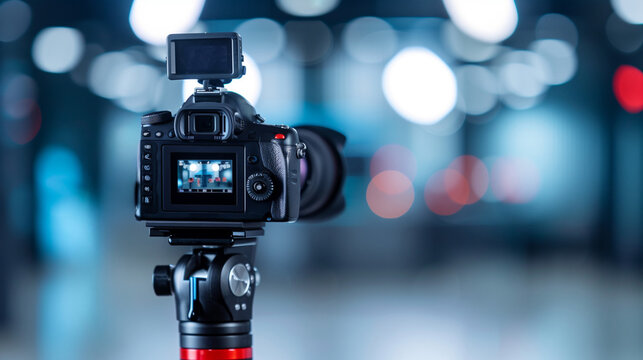 Wide shot of a casting call setup with a camera, lights, and a backdrop, ready for auditions 