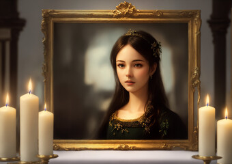 portrait of a woman in a gilded frame with candle in the interior of a room and gray wall in back