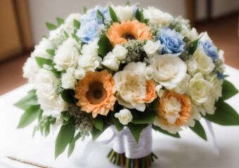 wedding bouquet of flowers in white, blue, and yellow