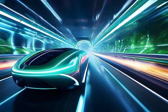A futuristic hyperloop pod speeding through a neon tunnel, representing advanced and eco-friendly transportation - Green Energy and Modern World Transportation.