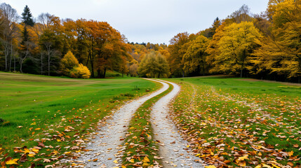 Obraz premium Wide shot of a serene autumn landscape with dirt paths winding through colorful trees, leaves carpeting the ground 