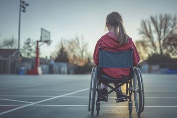 A girl in a wheelchair sits in a basketball court