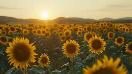 Fototapeta premium Wide shot of a field of sunflowers at dawn. 