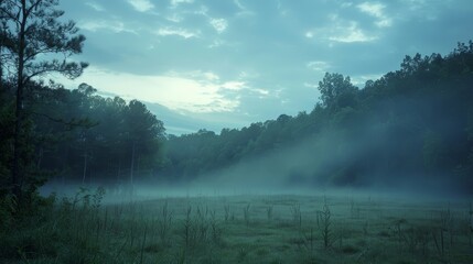 Fototapeta premium Misty morning landscape with fog rolling over a tranquil meadow at dawn in a wooded area