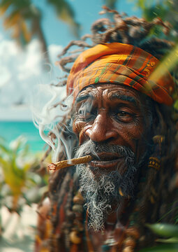 Rastafarian man with dredlocks at the beach by the ocean in Jamaica smoking a cannabis Joint. Ai generative