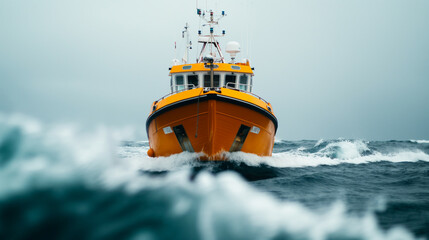 Wide-angle shot of a crab fishing boat navigating rough seas, highlighting the challenging conditions of the job 