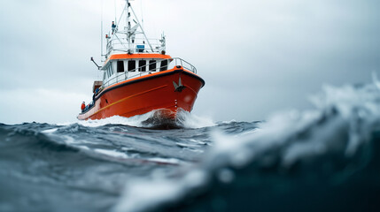 Naklejka premium Wide-angle shot of a crab fishing boat navigating rough seas, highlighting the challenging conditions of the job 