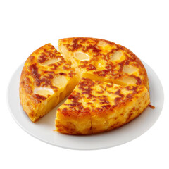 A freshly baked potato and cheese pie, cut into three slices,  on a white plate.