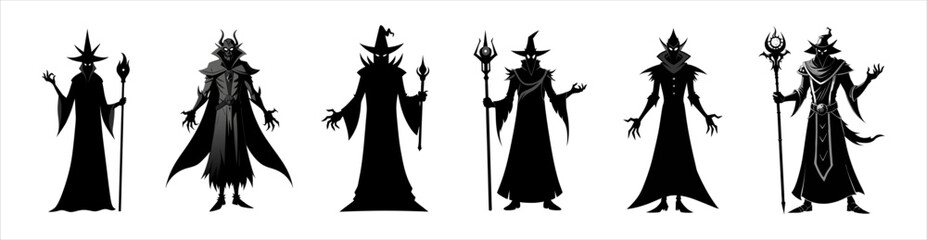 Fototapeta premium Set of Black silhouettes of wizards isolated on a white background. Concept of Halloween, evil sorcerer, magic fantasy character, cast spells, minimalist style, print, design element. Clip art