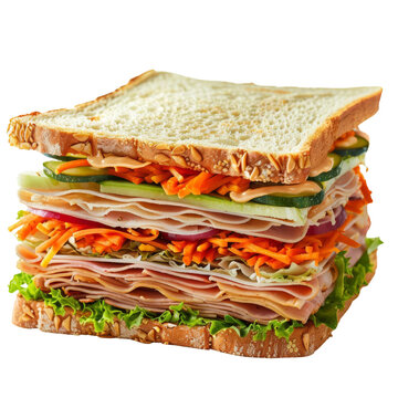 A large, multi-layered sandwich with turkey, lettuce, cucumber, carrots, and onion.  The sandwich is on white bread.