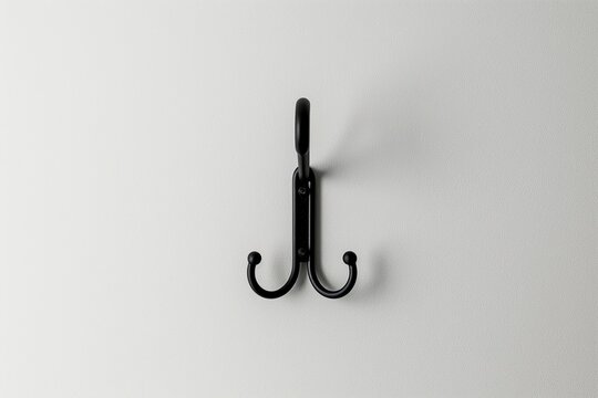 Black metal cloth wall Hanger, one hook isolated on white background. Top view. Mock-up. Iron clothes hook is mounted on a light wall. Ideal for hanging clothes