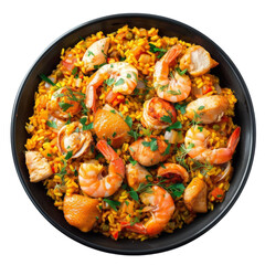 A close-up of a bowl of paella with shrimp, chicken, and vegetables.
