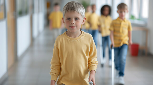  blind boy walks down the hallway with a group of children in a kindergarten class