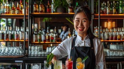 The bartender's bright smile and the elegant surroundings create a welcoming and inviting atmosphere.