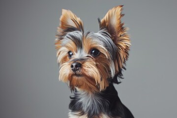 Fototapeta premium Portrait of Yorkshire Terrier on gray background.