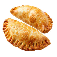 Two golden brown empanadas with a flaky crust,  isolated on a white background.