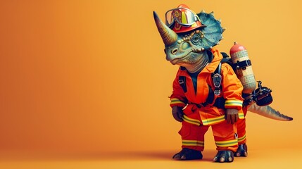 Surreal of a Triceratops Firefighter on Plain Colored Background with Studio Lighting