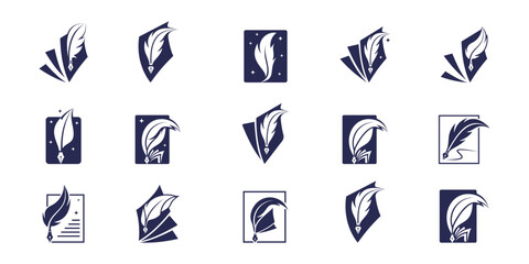 Set of book story feather logo design collection. Minimalist feather ink logo design inspiration.
