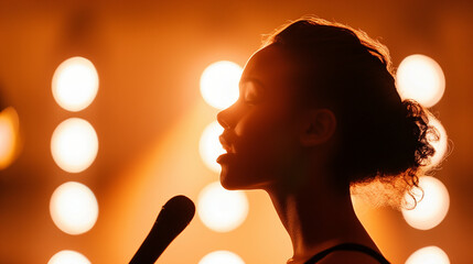 Wide-angle shot of a talent portion, with a contestant singing passionately, spotlight highlighting her performance 