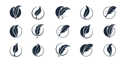 Set of quill signature logo design. Minimalist feather ink logo design inspiration.