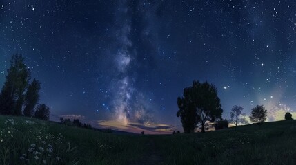 Wide shot of a starry night sky over a quiet countryside. 