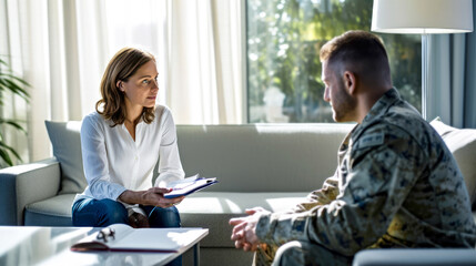 Female psychologist attentively listens to a male veteran during a therapy talk. The session setting is sunlit and modern. Concept of attentive military soldier mental health care. Banner