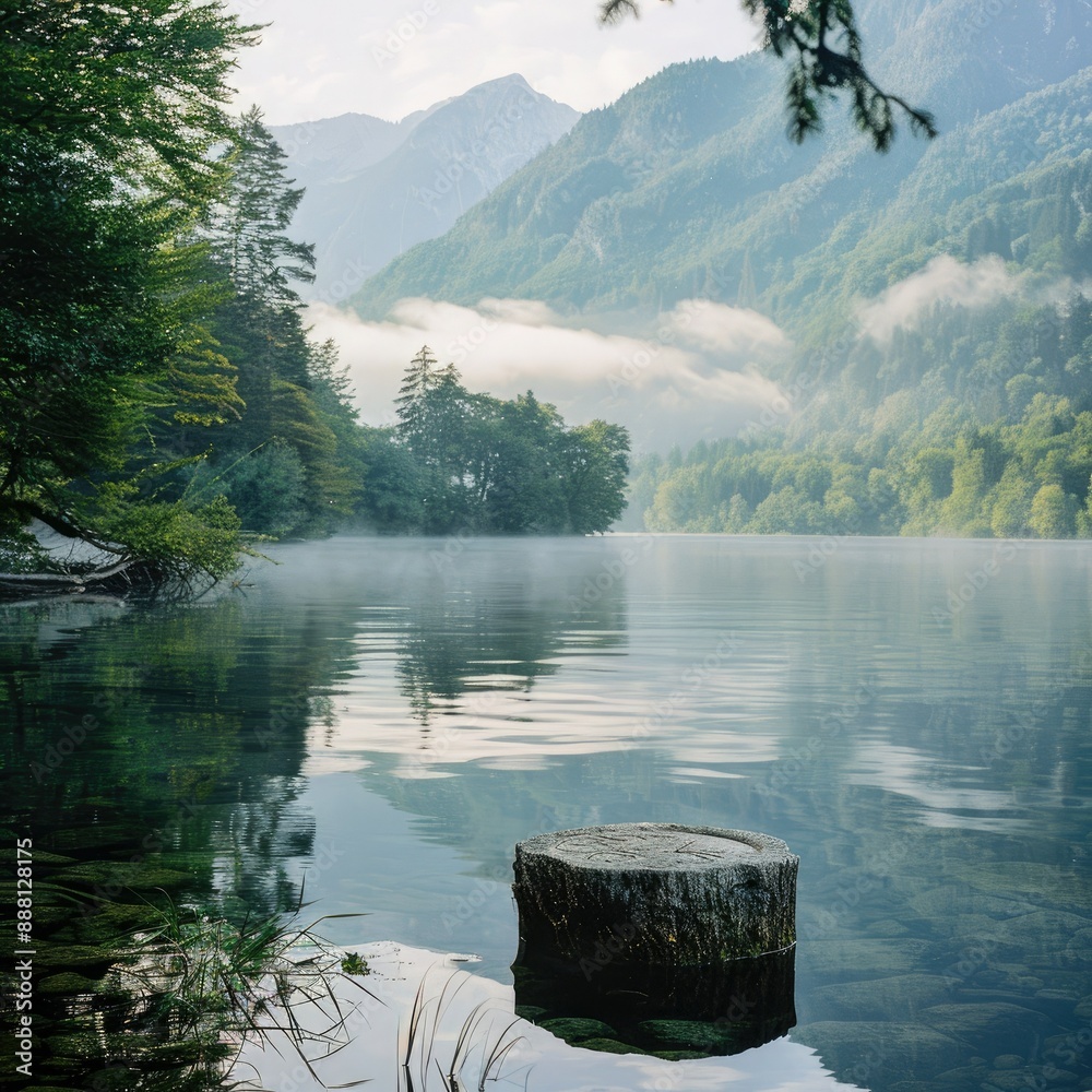 Poster the tranquil lake in the morning is surrounded by lush forest and mountains. a stone pedestal displa