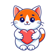 A flat cute cat holding a red love heart and sitting on the ground