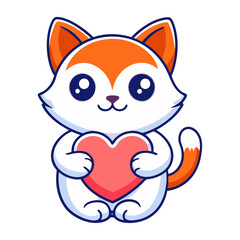 A flat cute cat holding a red love heart and sitting on the ground